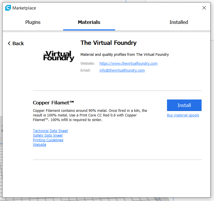 Copper Filamet™ material profile on the Ultimaker Cura Marketplace