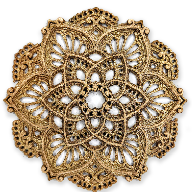 Metal Filament An ornate brass mandala on a white background, created using ceramic filament.