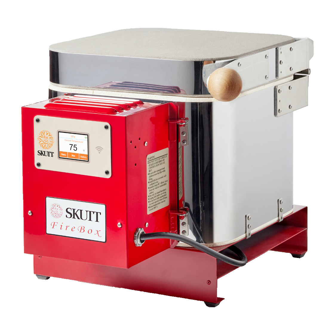 FireX Max Sintering Kiln with touchscreen controller, designed for sintering metal and ceramic 3D printed materials, featuring a compact red and silver design.