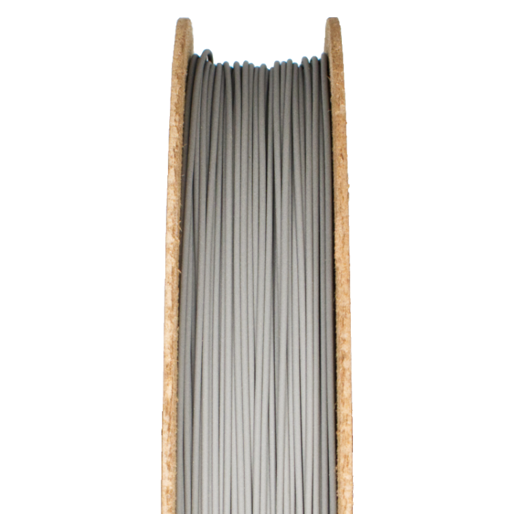 M300 Tool Steel filament spool for 3D printing, showcasing gray metal strands on a wooden reel, representing advanced material for metal additive manufacturing.