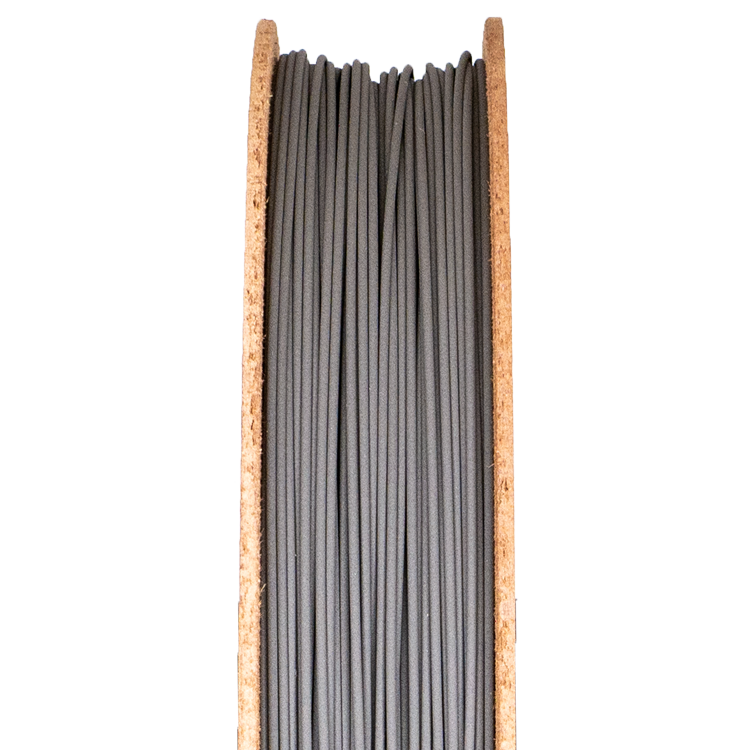 Pure iron filament for 3D printing, displayed in a spool, highlighting its metallic texture and cylindrical shape.