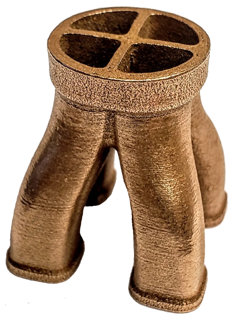 Sintered metal part with a textured surface and open design, showcasing finishing techniques for Filamet™ 3D printed components.