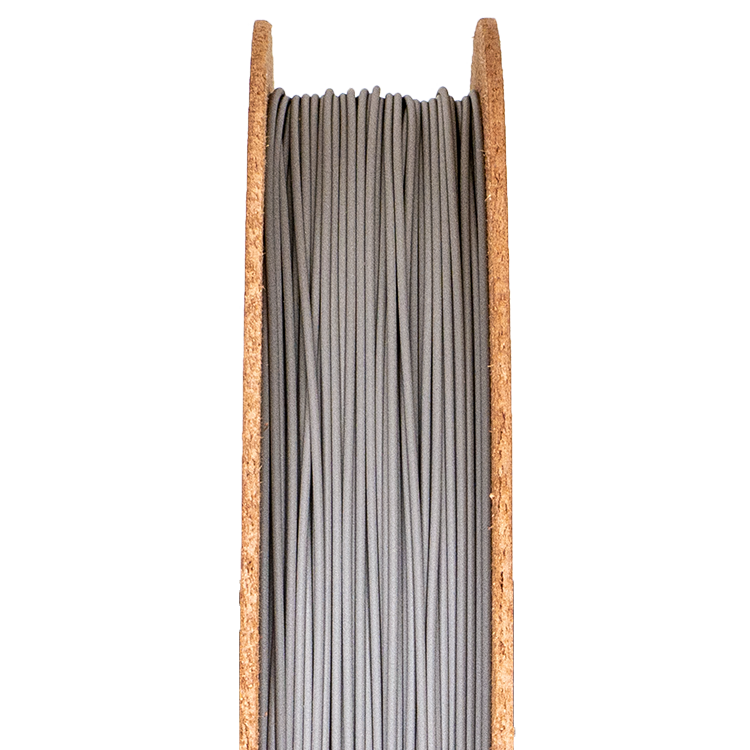 Titanium 64-5 metal filament spool for 3D printing, showcasing the gray filament in a wooden holder.