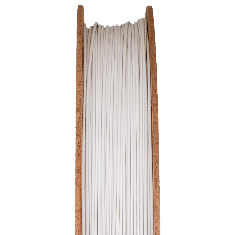 Zirconium silicate filament spool for 3D printing, showcasing smooth, white strands on a wooden reel, representing advanced ceramic materials.