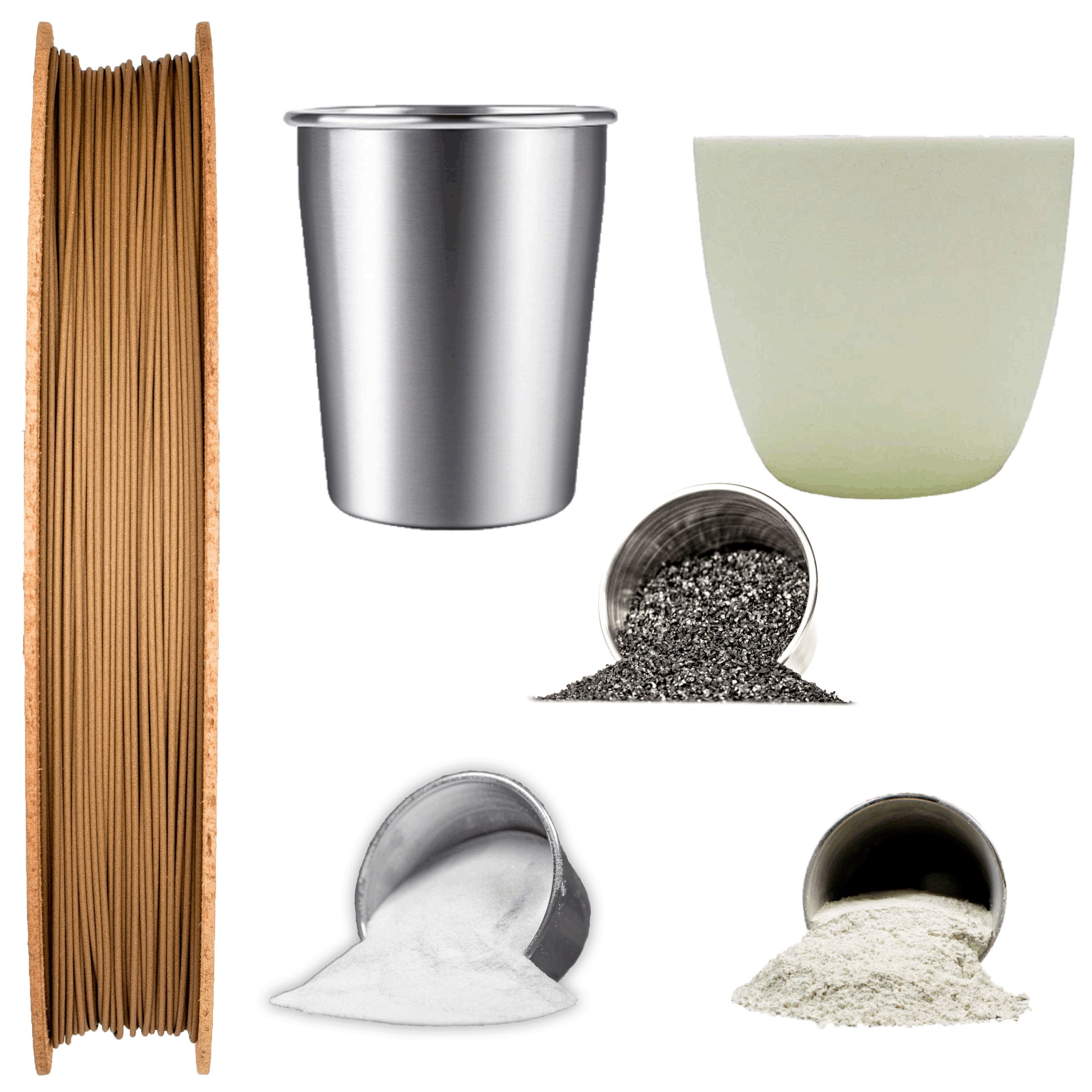 Filamet™ 3D printing filament spool with metallic and ceramic materials, stainless steel cup, green ceramic pot, and containers of metal and ceramic powders, illustrating advanced 3D printing solutions for radiation shielding.