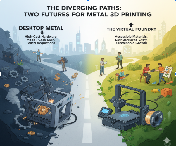 Illustration comparing Desktop Metal and The Virtual Foundry in metal 3D printing, highlighting high-cost hardware challenges versus accessible materials and sustainable growth.