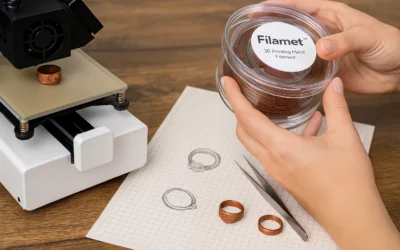 Hands holding a container of Filamet™ metal filament, with a 3D printer and sketches of rings on a workspace, illustrating 3D metal printing applications.