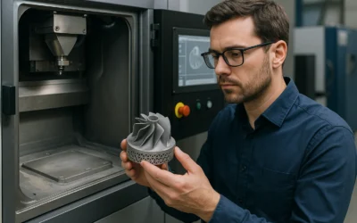 Man examining a detailed metal 3D printed part in a 3D printer, showcasing advanced metal additive manufacturing techniques related to The Virtual Foundry's Filamet™ technology.